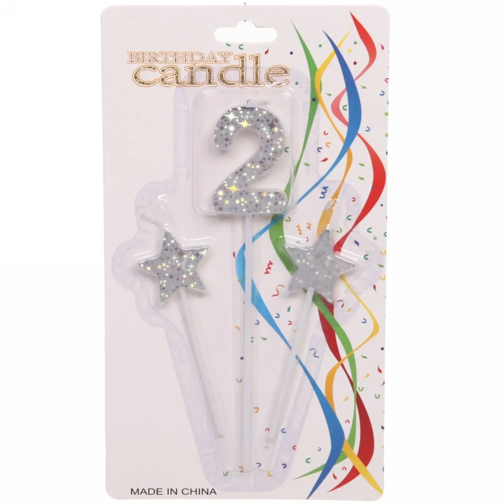 Свеча для торта Цифра Звёздное сияние «2» 16 см (набор 3шт), серебро