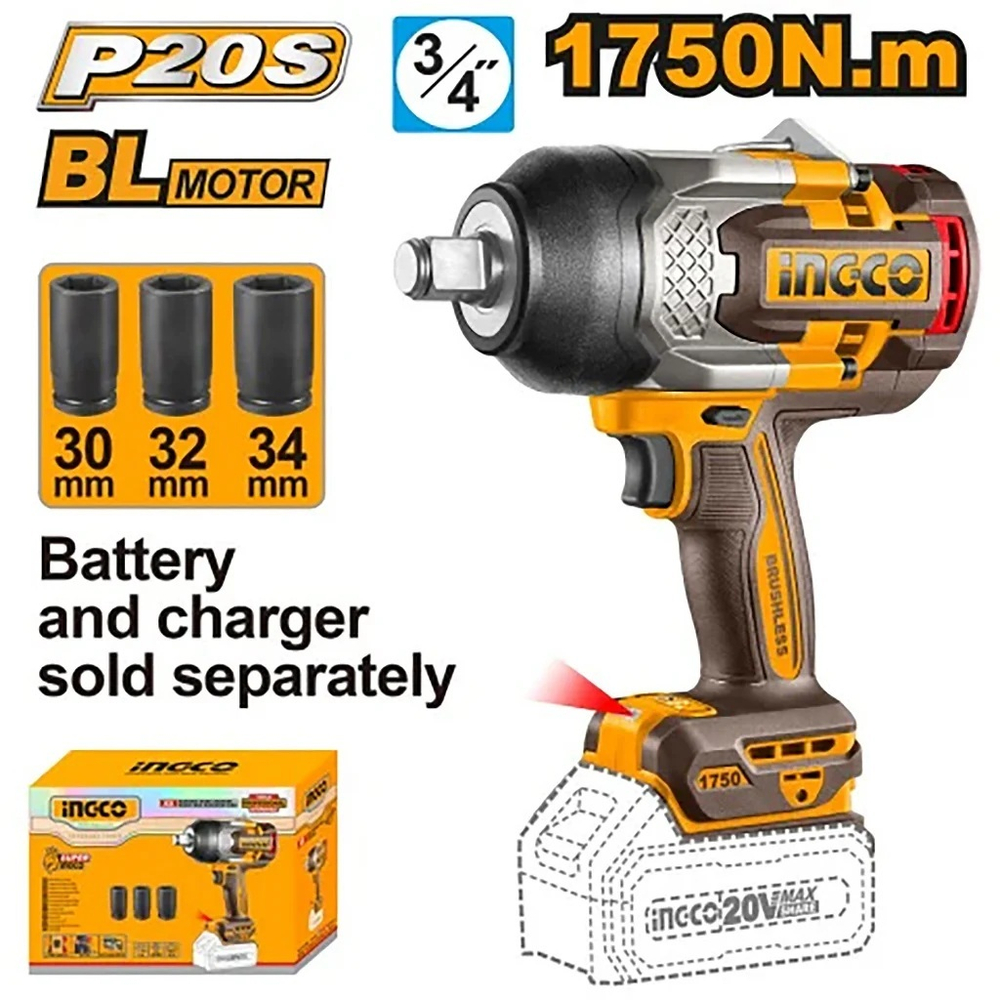 Аккумуляторный бесщеточный ударный гайковерт INGCO CIWLI201751 INDUSTRIAL 20 В 1/2" 1750 Нм / 2100 Нм