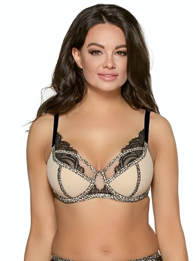 Бюстгальтер на косточках с отделкой кружевом и леопардовым кантом (Размер: 70D) (Цвет: телесный)