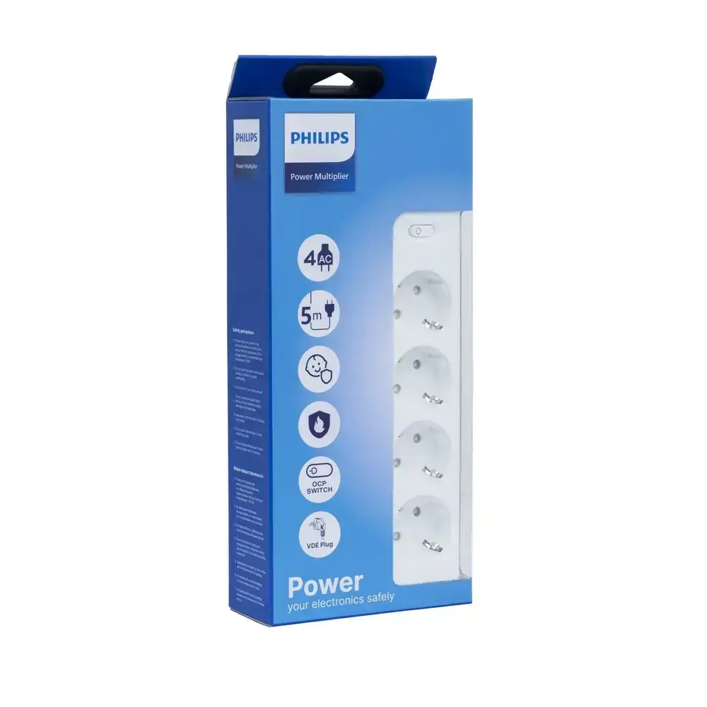 Сетевой фильтр удлинитель Philips CHP2145WC/51 с четырьмя стандартными розетками EU, с заземлением и защитой от перегрузок, 5 м, белый