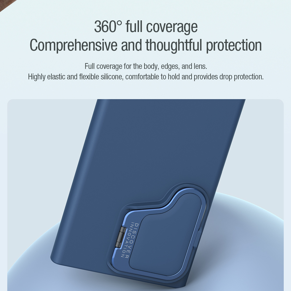 Чехол от Nillkin покрытый шелковистым силиконом синего цвета (Midnight Blue) для Samsung Galaxy S24 Ultra, серия CamShield Silky Prop Silicone Case (с металлической откидной крышкой)