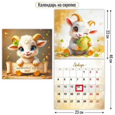 Календарь на скрепке с курсором 230х230 2027 символ года Счастливый год козы.