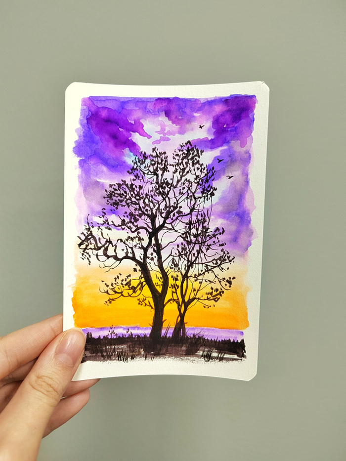 Авторская открытка от Стрелки Натали. Акварель. Оригинал. "Вечер"