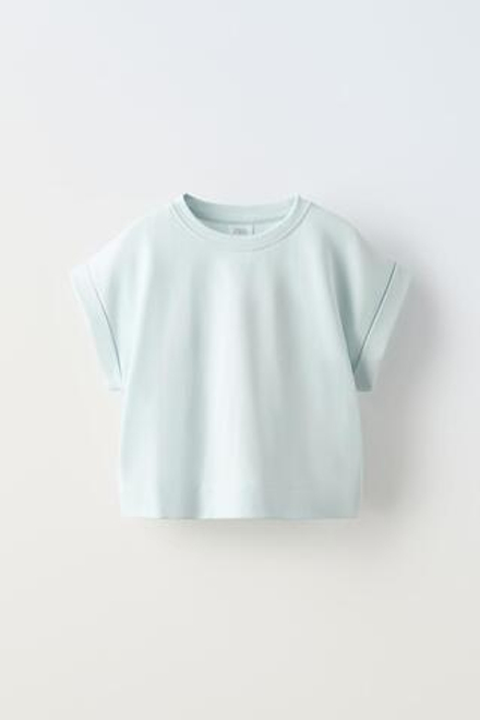 ZARA ФУТБОЛКА С ОТВОРОТАМИ НА РУКАВАХ, ЗЕЛЕНОВАТО-СИНИЙ
