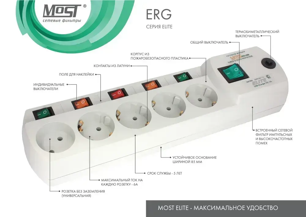 Сетевой фильтр Most ERG 2м, удлинитель сетевой