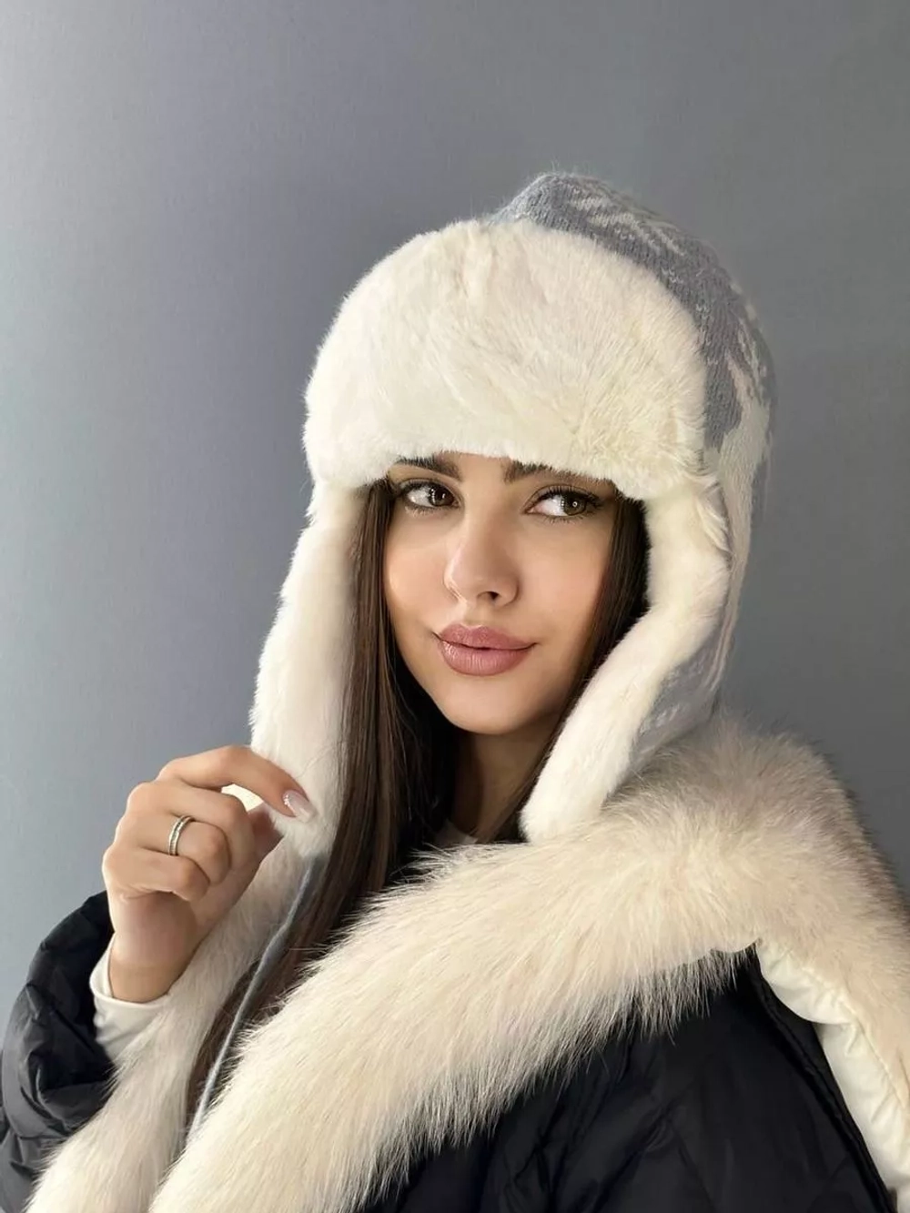 шапка зимняя ушанка вязаная с мехом
