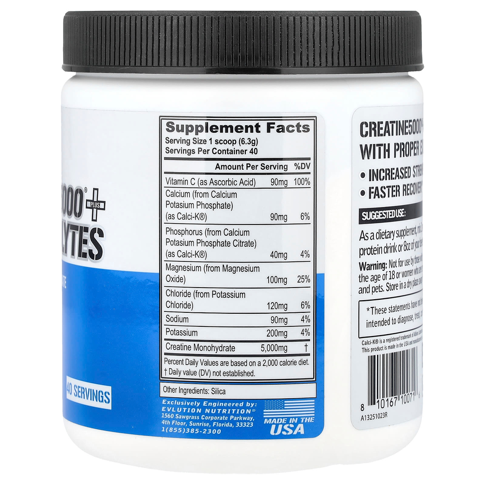 EVLution Nutrition, Creatine5000® с электролитами, без добавок, 250 г (8,82 унции)
