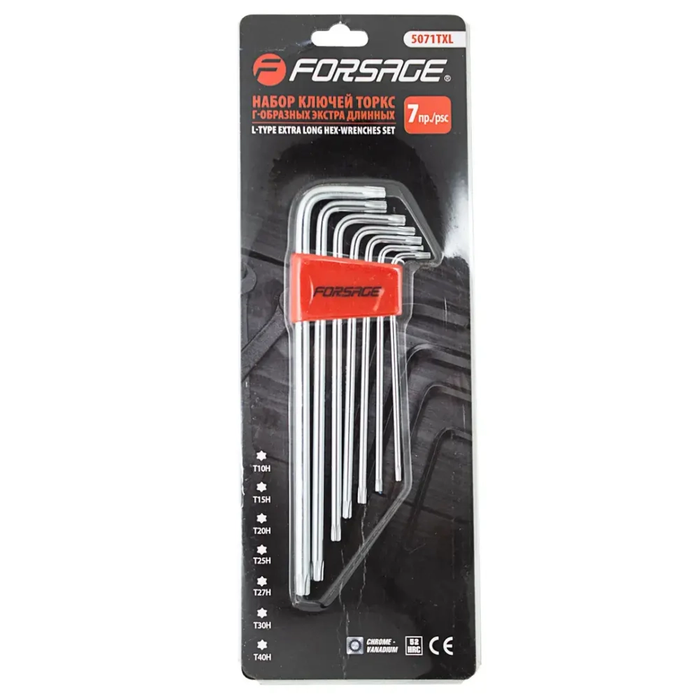 Набор ключей TORX Г-образных экстра длинных с отверстием 7пр.(Т10Н,Т15Н,Т20Н,Т25Н,Т27Н,Т30Н,Т40Н) в пластиковом держателе Forsage F-5071TXL