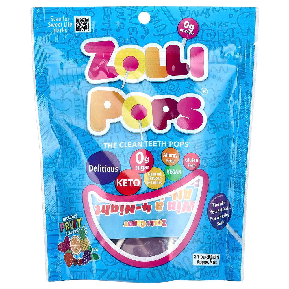 Zollipops, леденцы для чистки зубов со вкусом фруктов, прибл. 13–15 леденцов, 88 г (3,1 унции)