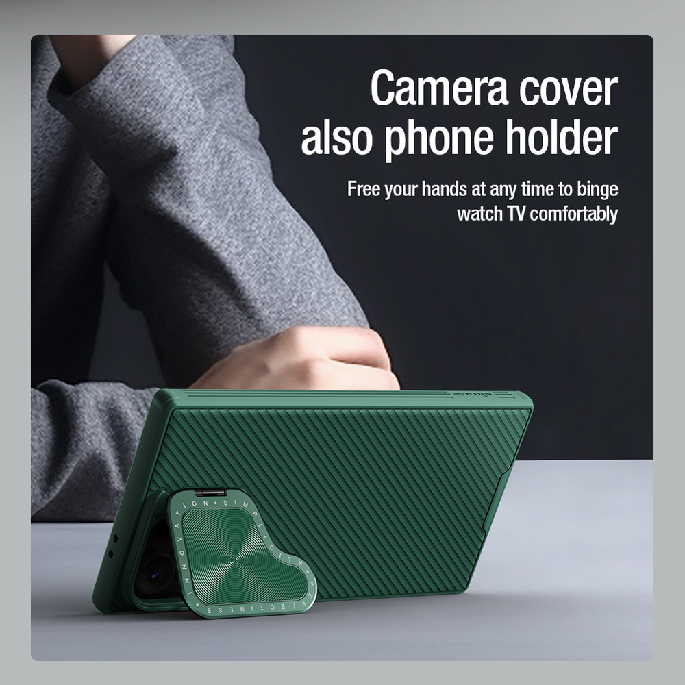 Чехол зеленого цвета (Deep Green) от Nillkin с металлической откидной крышкой для камеры на Samsung Galaxy S24 Ultra, серия CamShield Prop Case