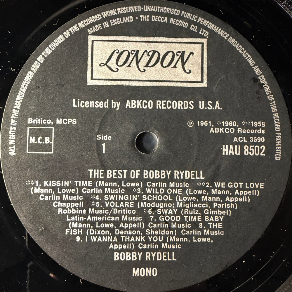 Bobby Rydell ‎– The Best Of Bobby Rydell Side 1 (Англия 1976г.) Test pressing