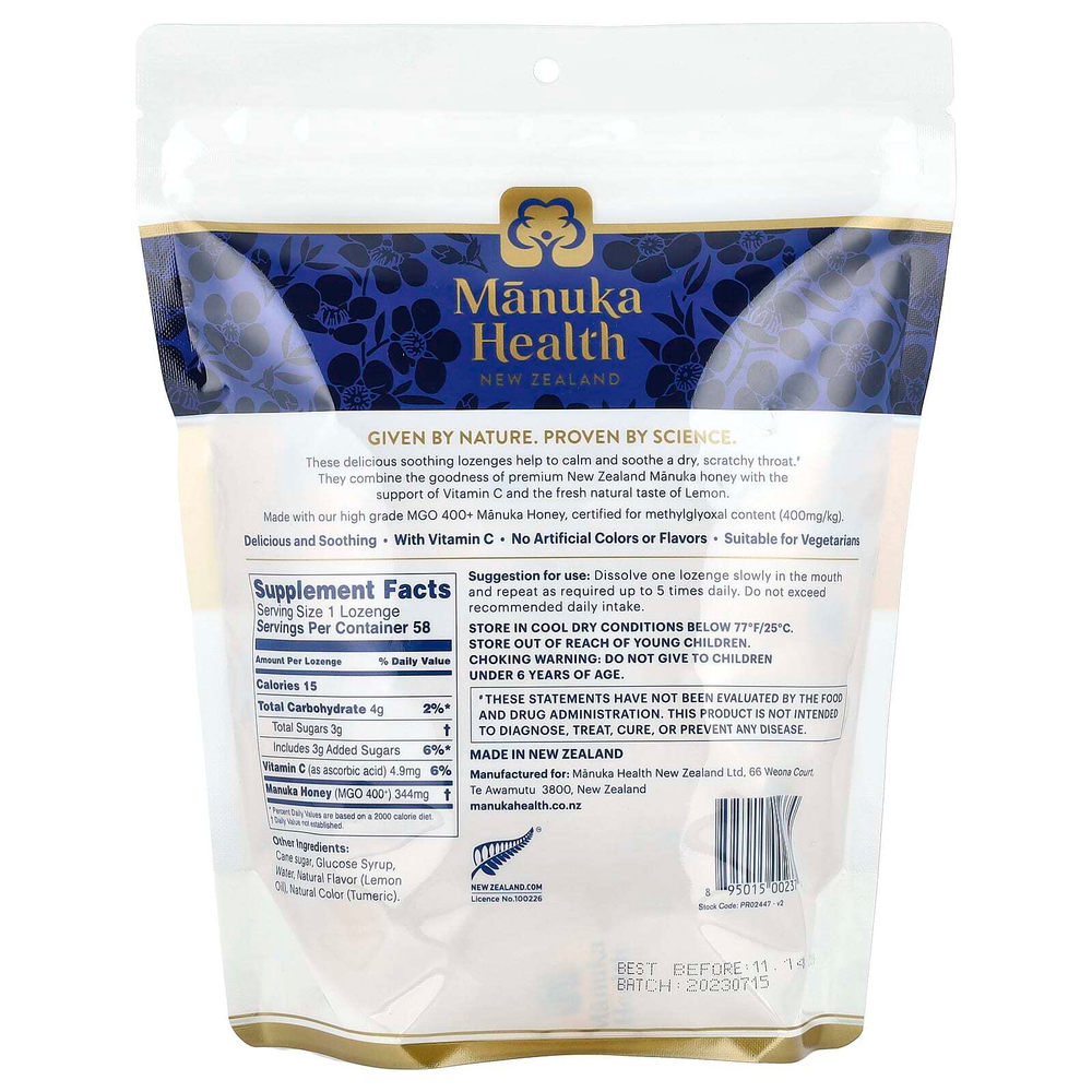 Manuka Health, Леденцы с медом Manuka, натуральный лимон, 58 леденцов