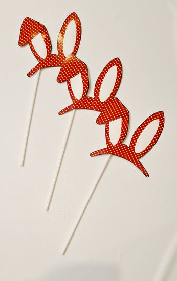 Аксессуары для фотосессии Зайка, на палочке, красные ушки, 3 штуки