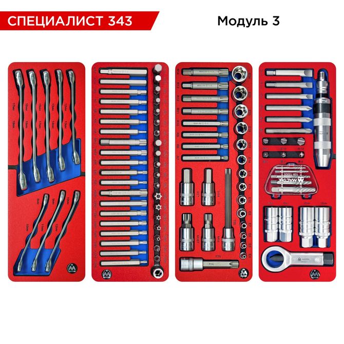 МАСТАК (50-07343R) Набор инструментов 343 предмета, "СПЕЦИАЛИСТ 343", в красной тележке