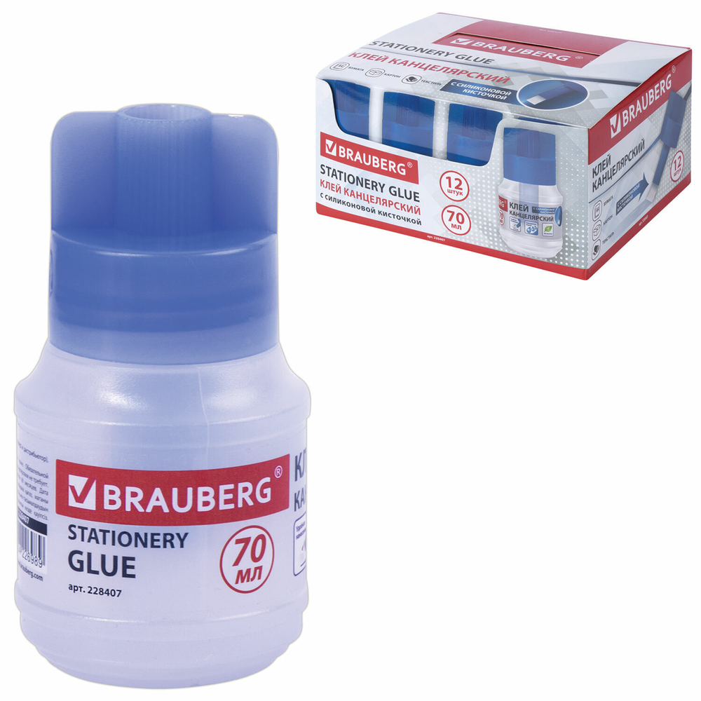 Клей канцелярский BRAUBERG 70 мл с кисточкой (12 штук в упаковке)