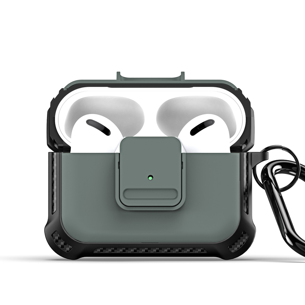 Усиленный чехол с вставками зеленого цвета от Dux Ducis для наушников Airpods Pro 2, серия PECG Series Case, в комплекте с карабином