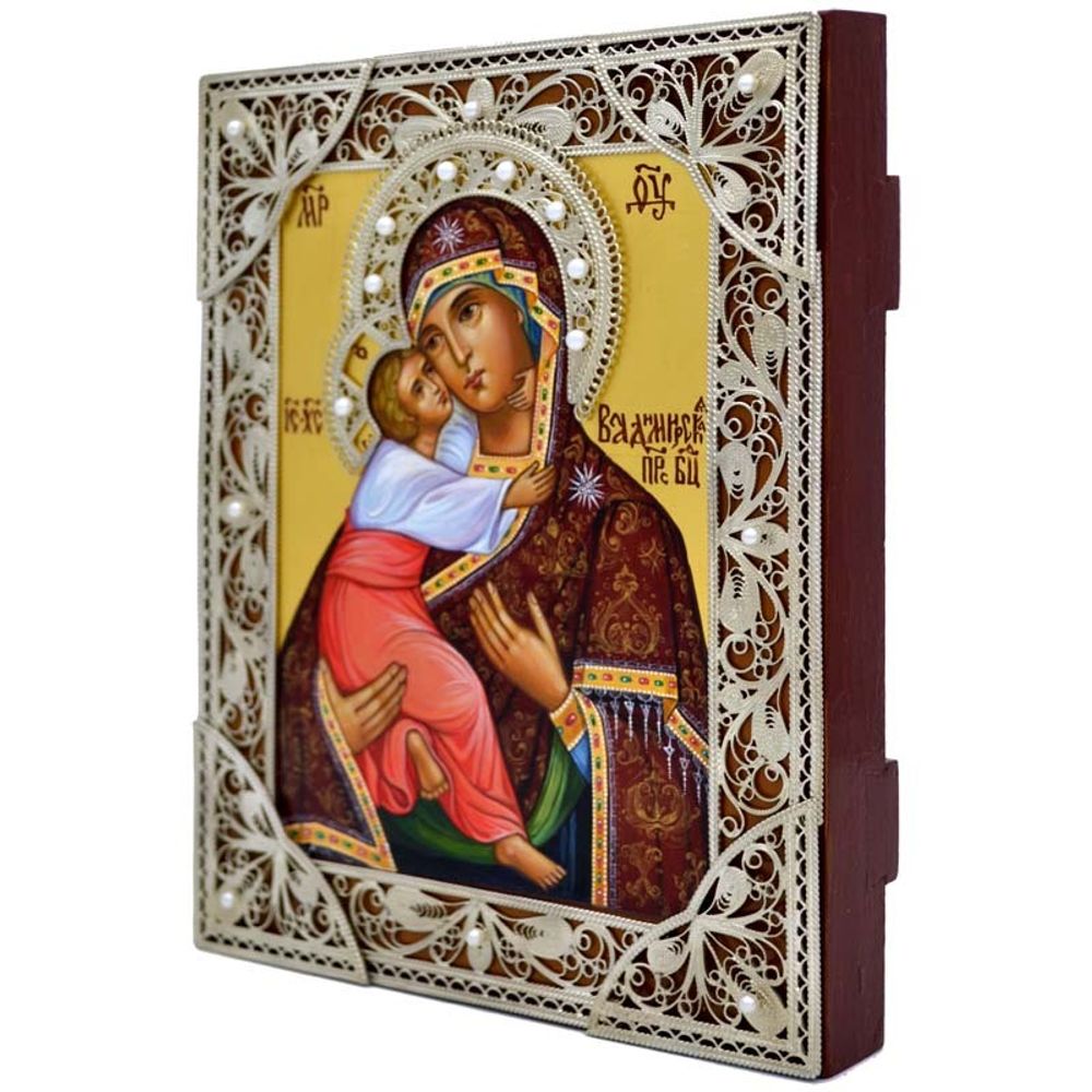 Владимирская Божия Матерь. Писаная икона с серебряной филигранью