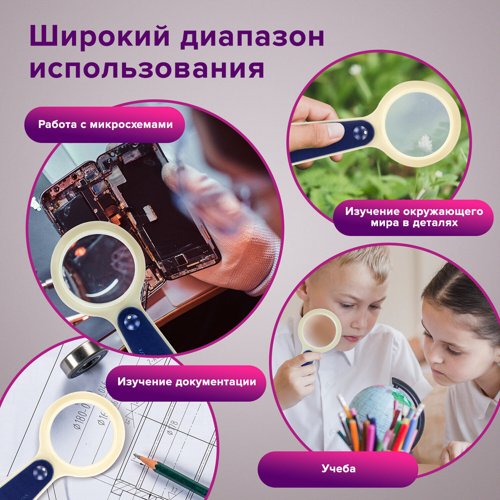 Лупа просмотровая STAFF "Manager" С ПОДСВЕТКОЙ диаметр 50 мм увеличение 5 корпус сине-бежевый (3 штуки в упаковке)