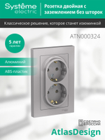 ATLASDESIGN РОЗЕТКА двойная с заземлением, 16А, в сборе, АЛЮМИНИЙ