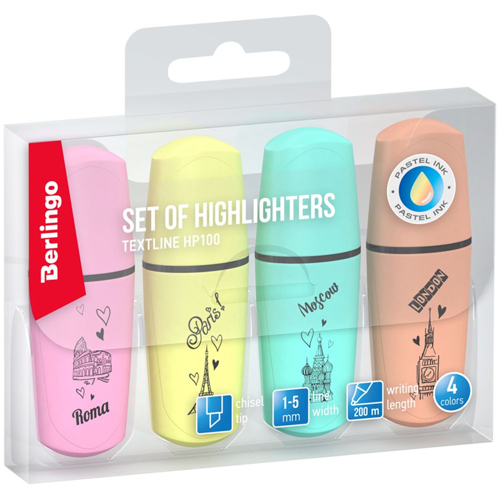 Набор выделителей текста 4цв, 1-5мм, мини, Berlingo Textline HP100