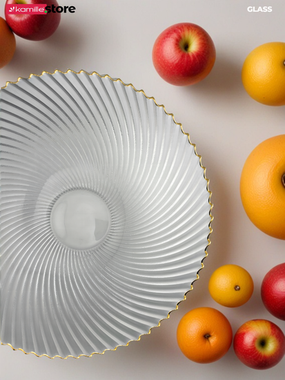 Блюдо-фруктовница 27 см. стекло с золотой обводкой, на металлической подставке