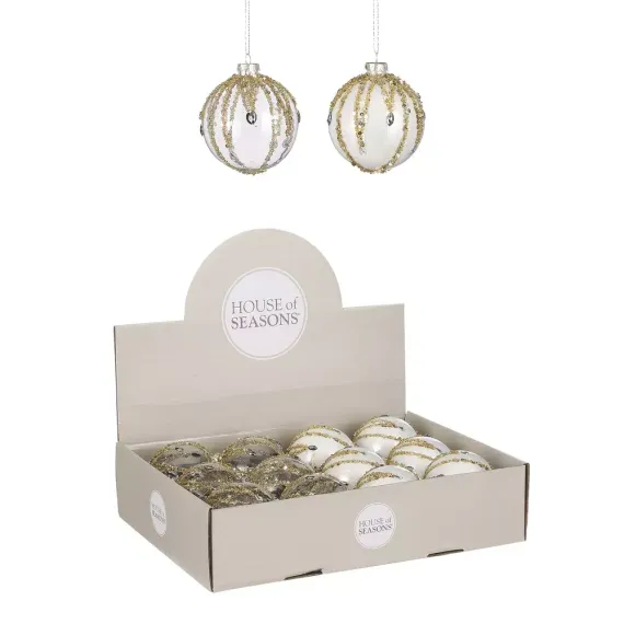 Набор стеклянных шаров Амалия 80 мм., 12 шт., белый и прозрачный, House of seasons (85539)