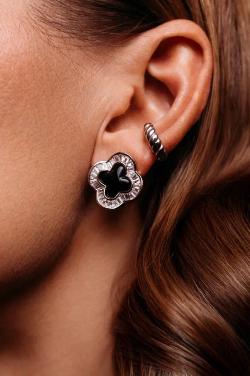 Серьги "Клевера" с ониксом и россыпью циркония