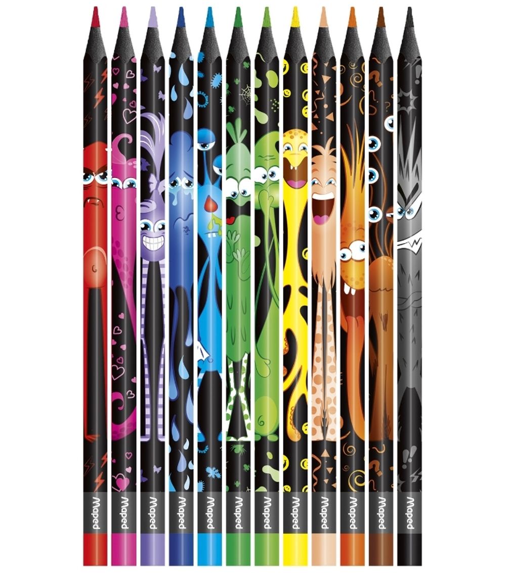Карандаши пластиковые цветные трёхгранные 12цв. Maped ColorPeps Black Monster