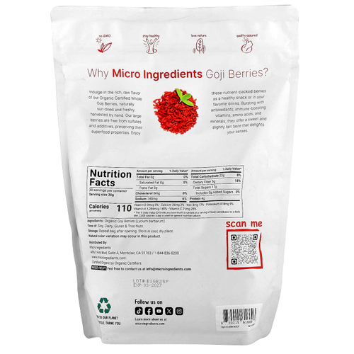 Micro Ingredients, Органические ягоды годжи, 907 г (2 фунта)