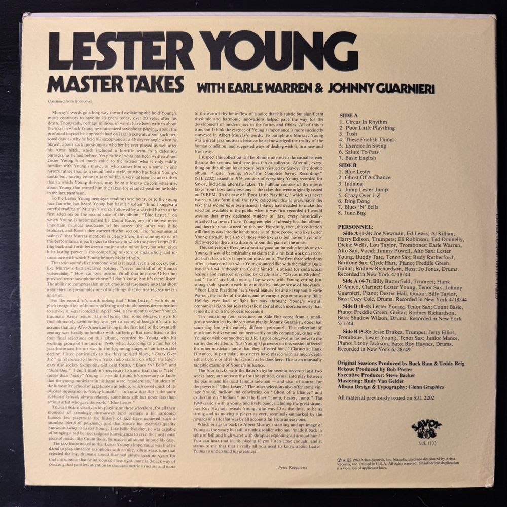Lester Young ‎– Master Takes With Earle Warren & Johnny Guarnieri (США 1980г.) Т