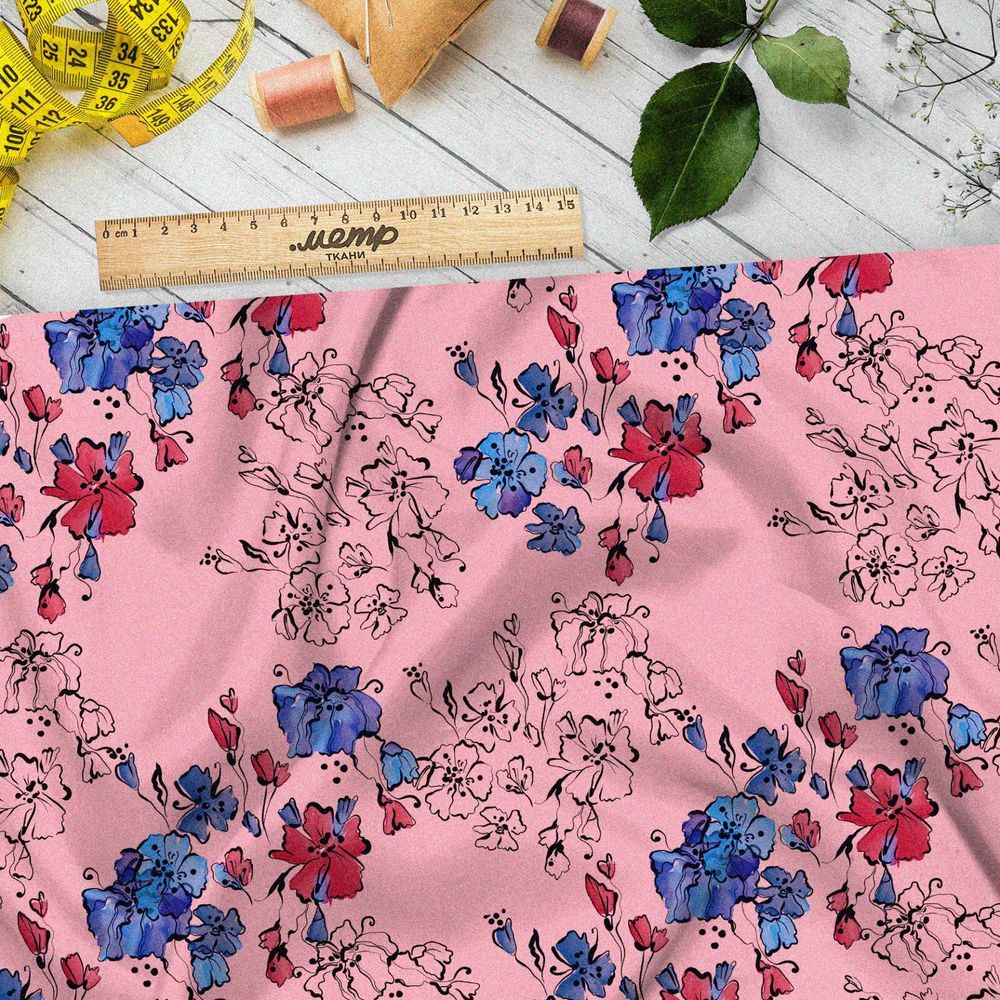 Ткань дюспо красные и синие цветы