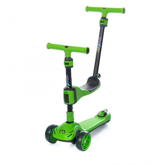 Самокат-беговел 3 в 1 Scooter Micar Transformer складной со светящимися колесами, сиденьем и родительской ручкой зеленый