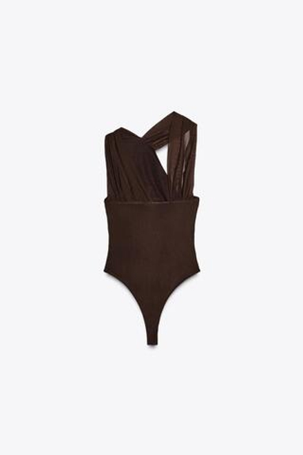 ZARA БОДИ ИЗ ТКАНИ СО СБОРКАМИ АСИММЕТРИЧНОГО КРОЯ, ТЕМНО-КОРИЧНЕВЫЙ