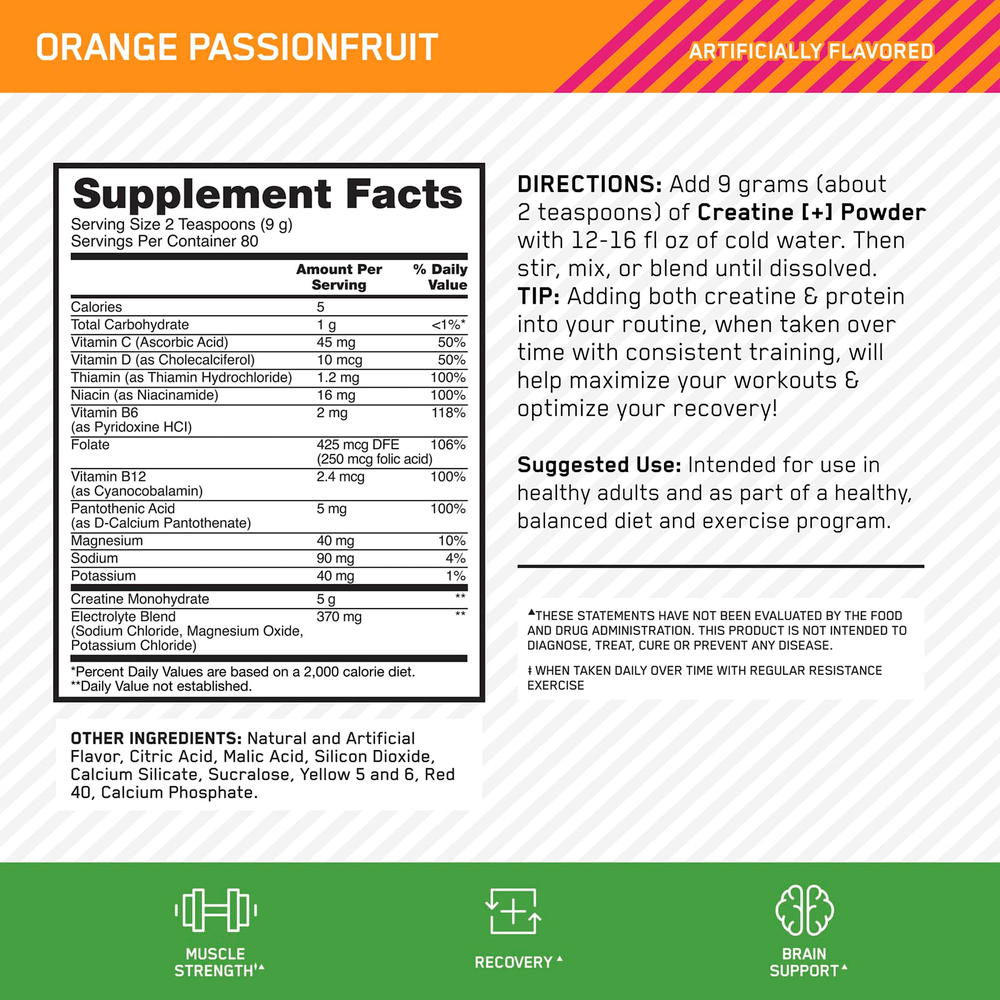 Optimum Nutrition, Creatine +, апельсин и маракуйя, 720 г (1,58 фунта)
