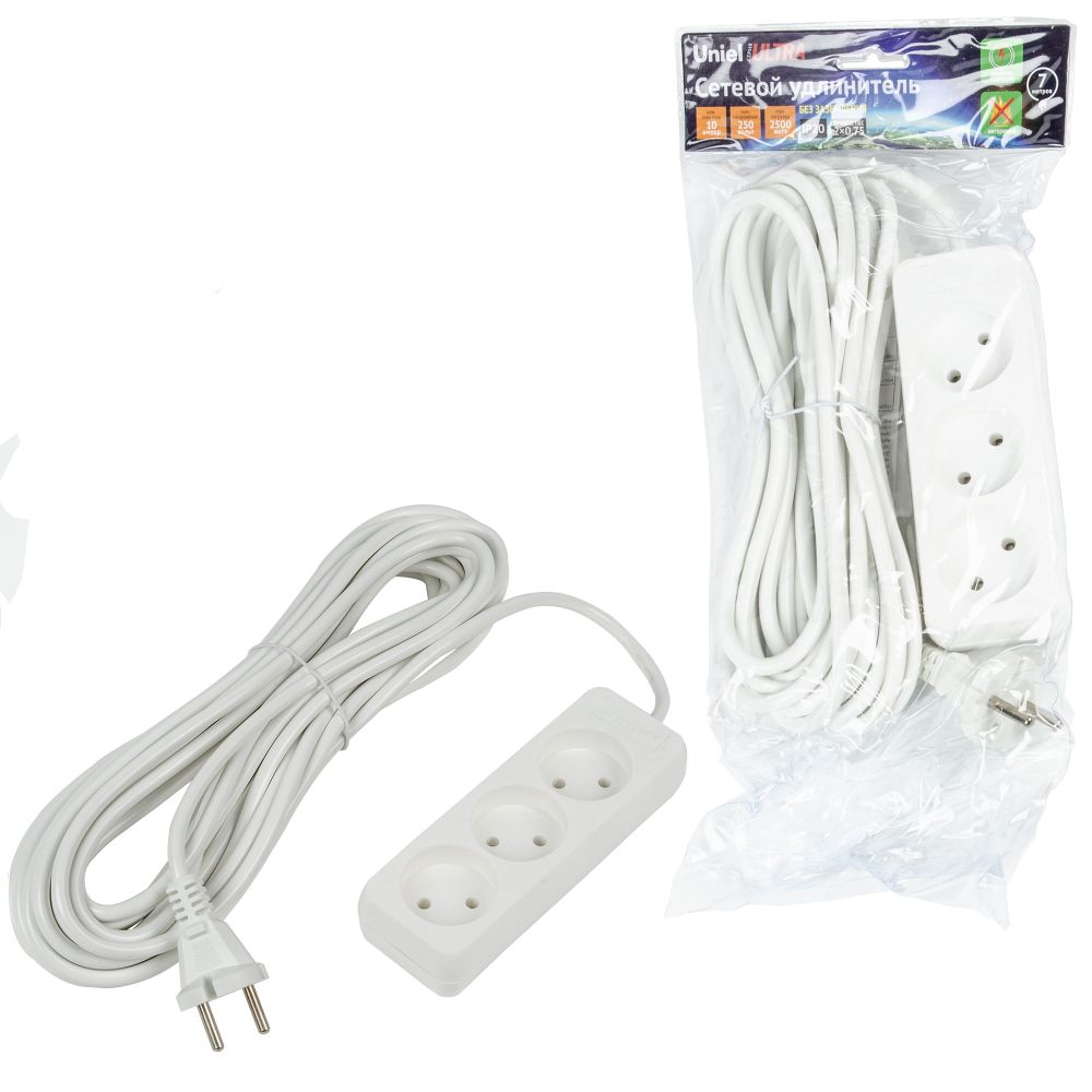 S-CU3-7 WHITE Удлинитель серии Ultra, шнур 7м., 3 гнезда, 10A, б/з. Белый. TM Uniel