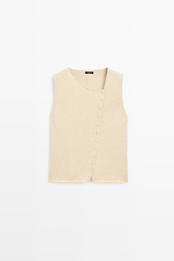 Massimo Dutti Трикотажный топ из смесовой хлопковой ткани с пуговицами, натуральный/кремовый