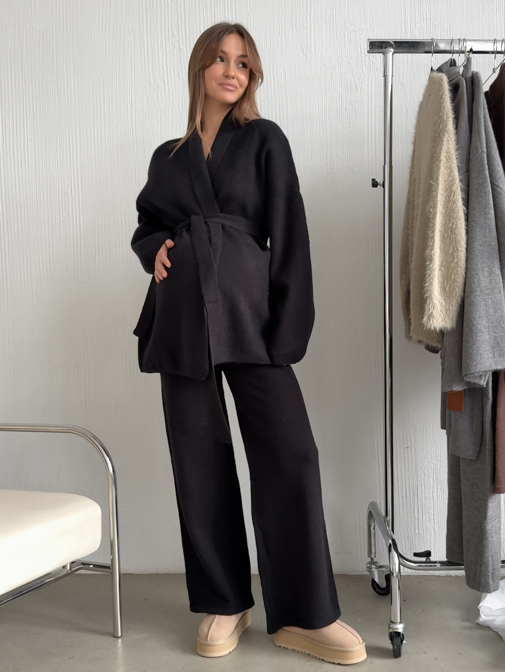 Комплект вязаный, кардиган с поясом и брюки