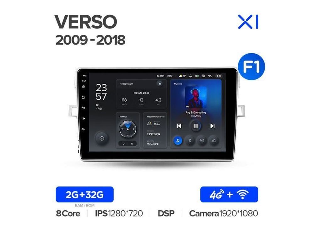 Магнитола Teyes X1 2-32 Wi-Fi + 4G Toyota Verso R20 2009 — 2018 9.0&quot; (F1)