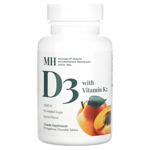 Michael's Health, витамин D3, с витамином K2, вкус абрикоса, 5000 мкг, 90 вегетарианских жевательных таблеток