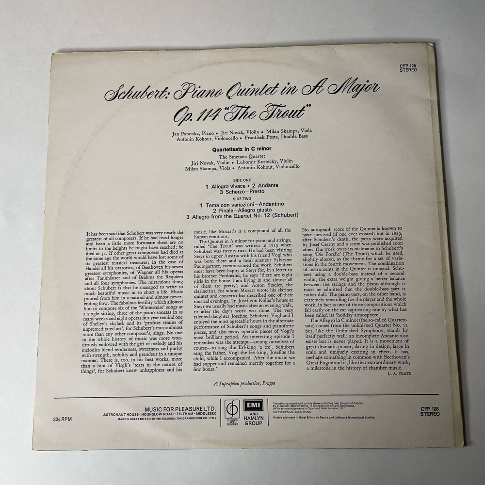 Винтажная виниловая пластинка LP Franz Schubert Шуберт, Jan Panenka, Smetana Quartet Schubert: Piano Quintet In A Major Op.114 The Trout (Англия 1964)