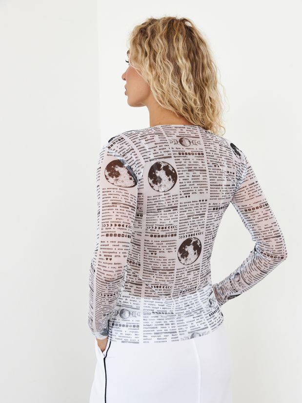 Лонгслив сетка с надписями, белый