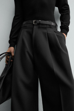 ZARA БРЮКИ WIDE FIT СО СКЛАДКАМИ, ЧЕРНЫЙ