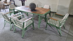 Столовая группа Ocean Dinning Set 6. Стол и 6 кресел из алюминия и ироко. Шалфейно-зелёный (Sage Green)