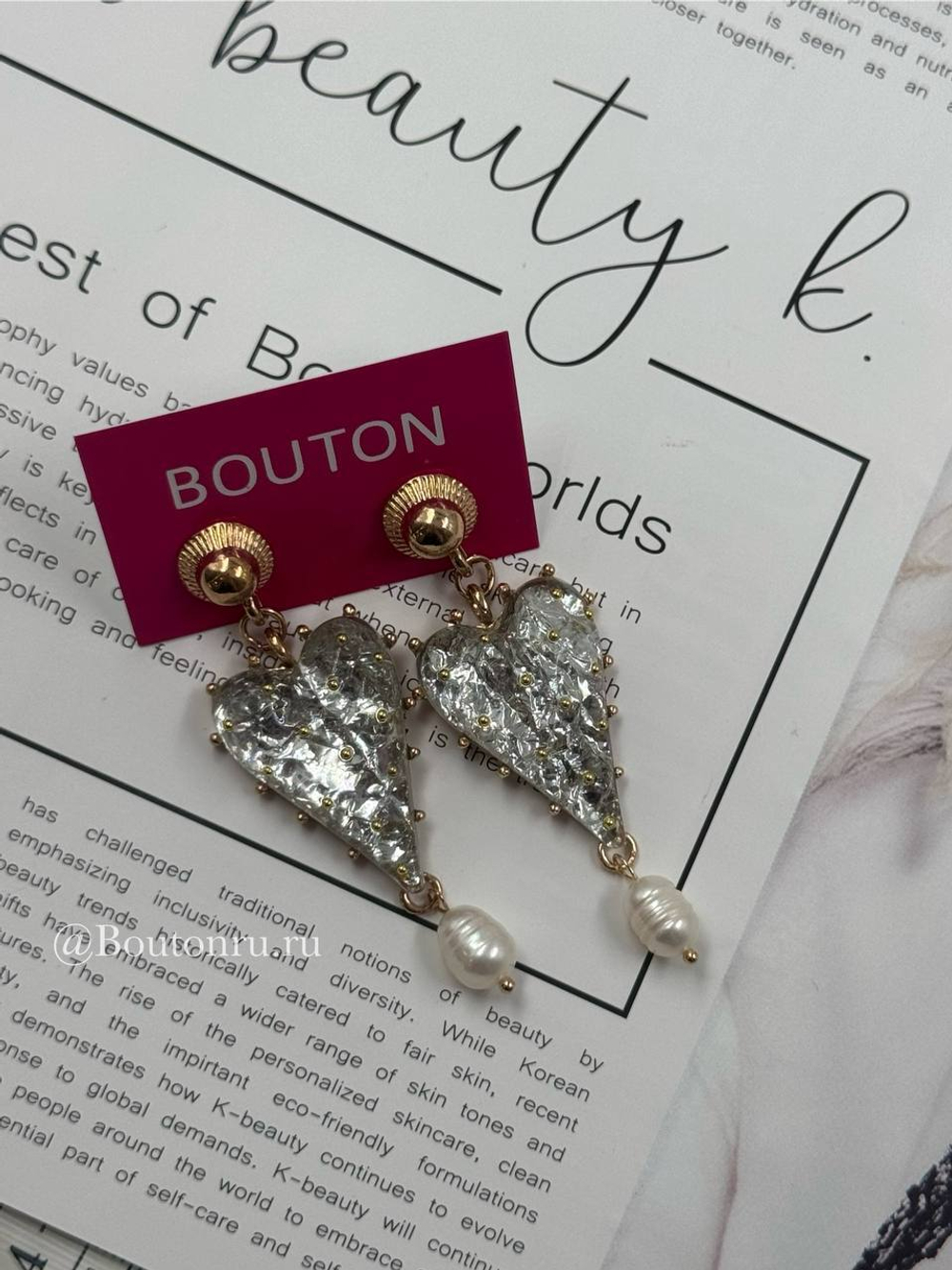 Серьги в форме "Сердца" прозрачные с подвесками из натурального жемчуга