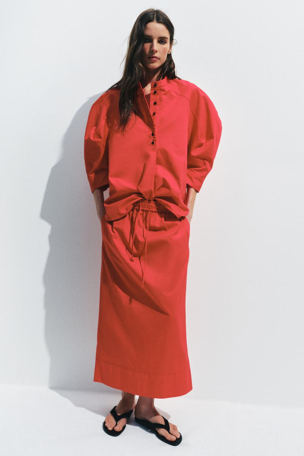 ZARA РУБАШКА С ОБЪЕМНЫМИ РУКАВАМИ ZW, КРАСНЫЙ