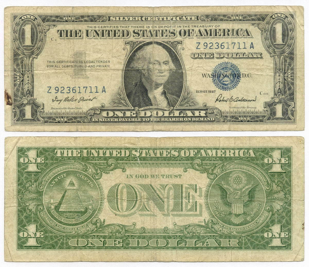 Банкнота США 1 доллар (серебряный сертификат) 1957 Z 92361711 A. VG-F