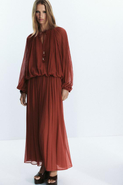 ZARA ПЛИССИРОВАННАЯ ЮБКА МИДИ С РЕМНЕМ, ЧЕРЕПИЧНЫЙ