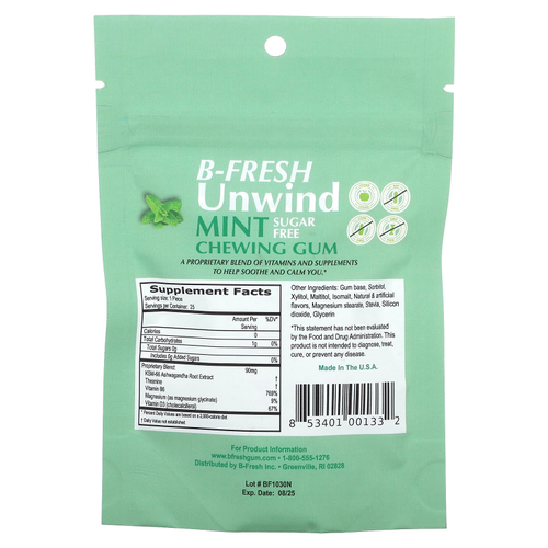 B-Fresh, Unwind, жевательная резинка, без сахара, мята, 25 шт. (50 г)