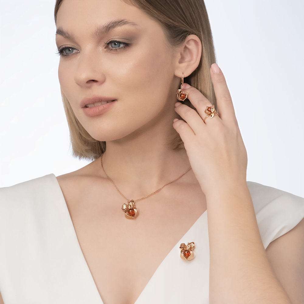 Серьги «Физалисы» с английским замком из красного золота c янтарём