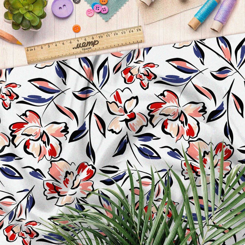 Ткань оксфорд 210 рисованные цветы с чёрным контуром